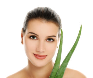 Gesicht einer Frau, die 2 Aloe Blätter an die schöne Haut für die natürliche Pflege, hält.